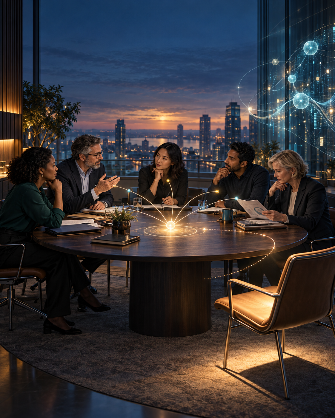 Group of people seated at a round work table collaborating with AI