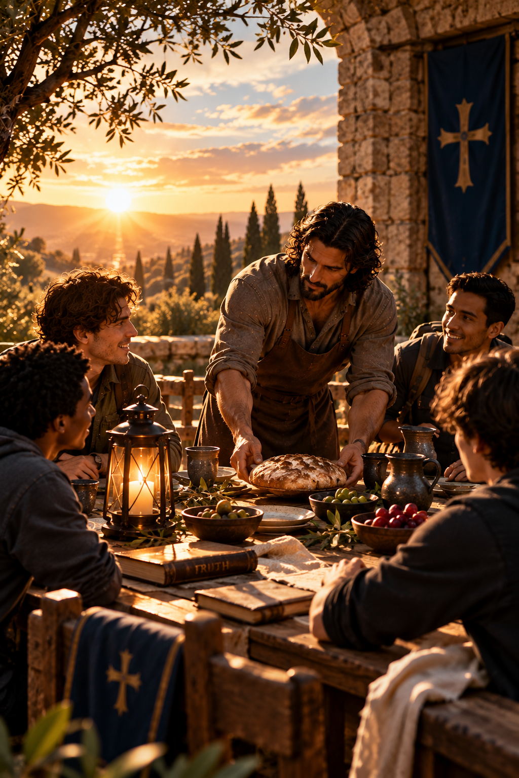 Group gatehred around a table with the sun setting in the horizon