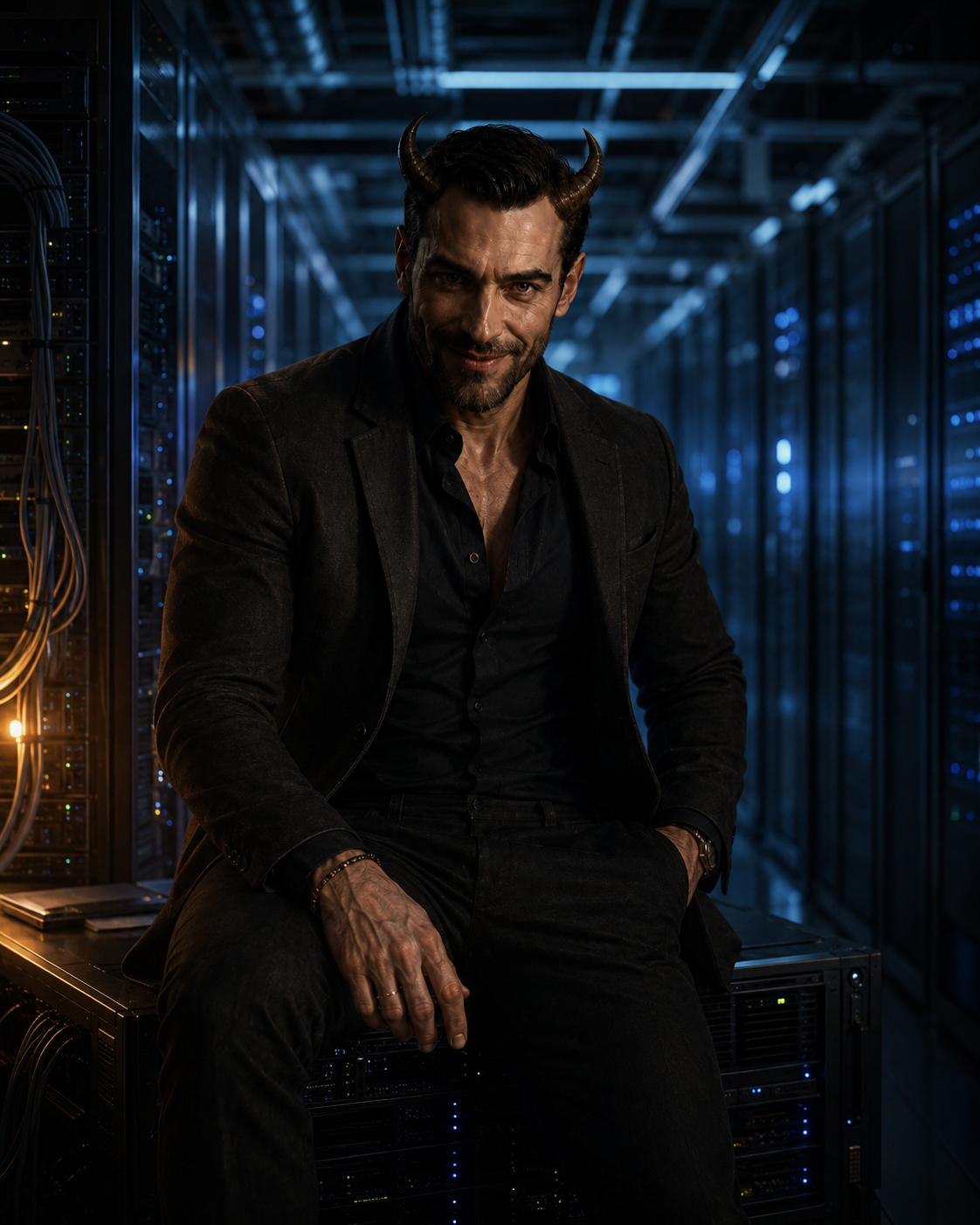 Devil at Work sitting on a server stack in a data center